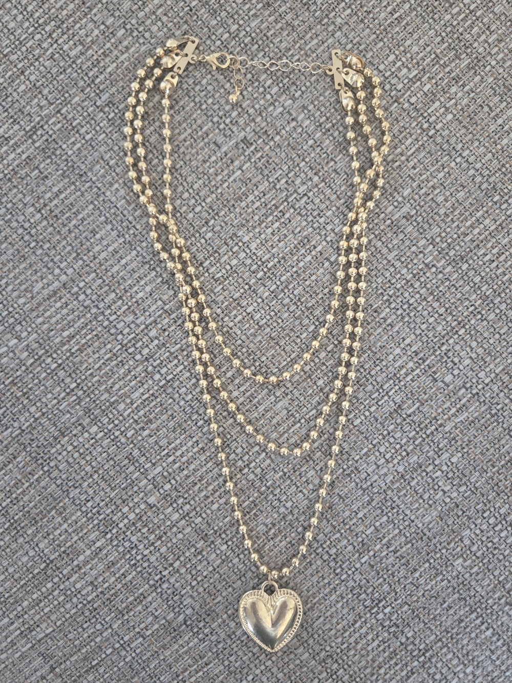 Gold Tone Triple Strand Heart Pendant Necklace Layered Beaded Chain NWOT